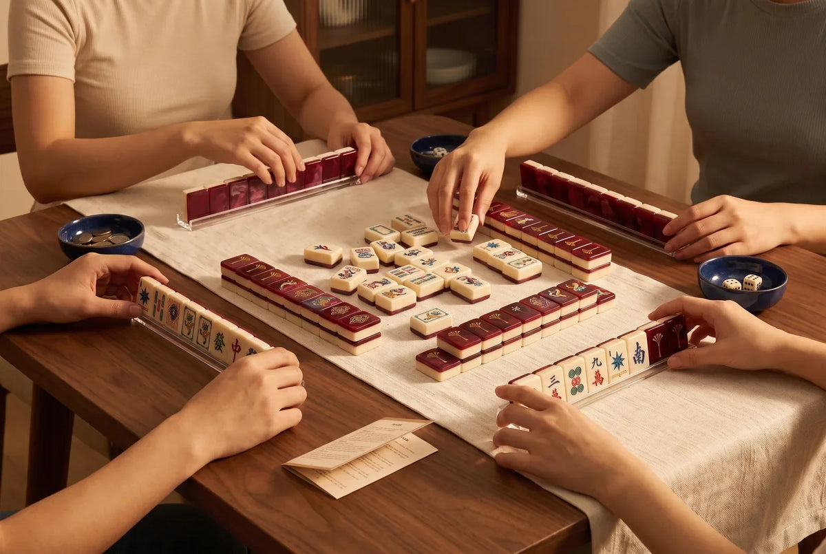 Friends playing American mahjong with marbled tiles on racks at a stylish table