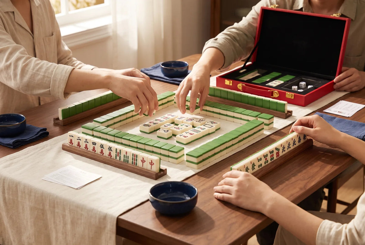 A classic Chinese mahjong set with ivory tiles and green backs in play beside its open case