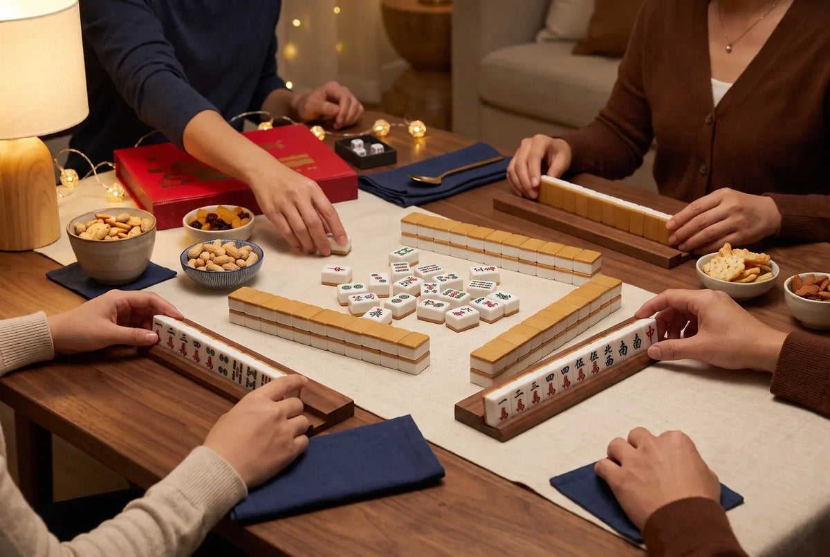 A family mahjong game at home with snacks in small bowls on the table