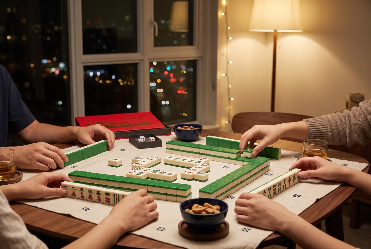A Hong Kong style mahjong game at night with city lights in the window behind the table