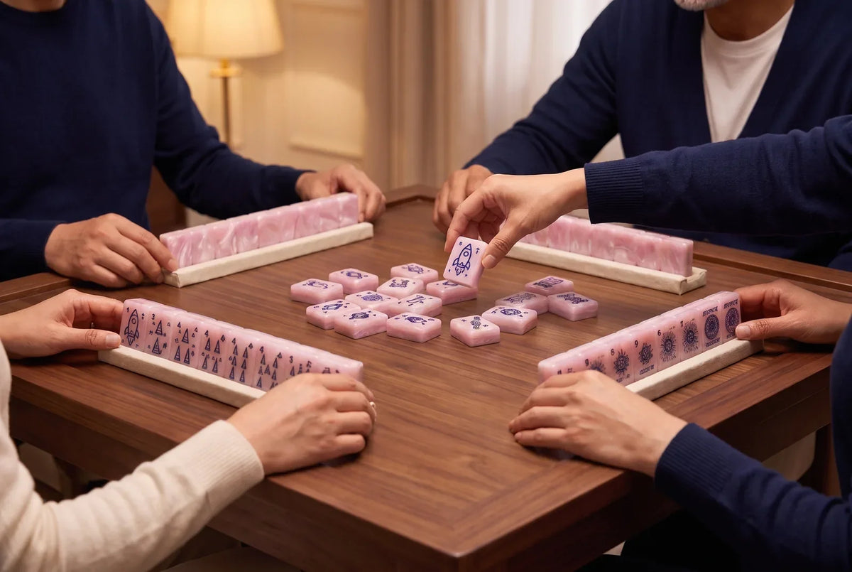Four players at a mahjong table with pink tiles standing on their racks during a game