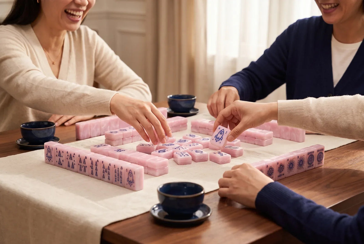 Two friends chat and laugh over a game of mahjong