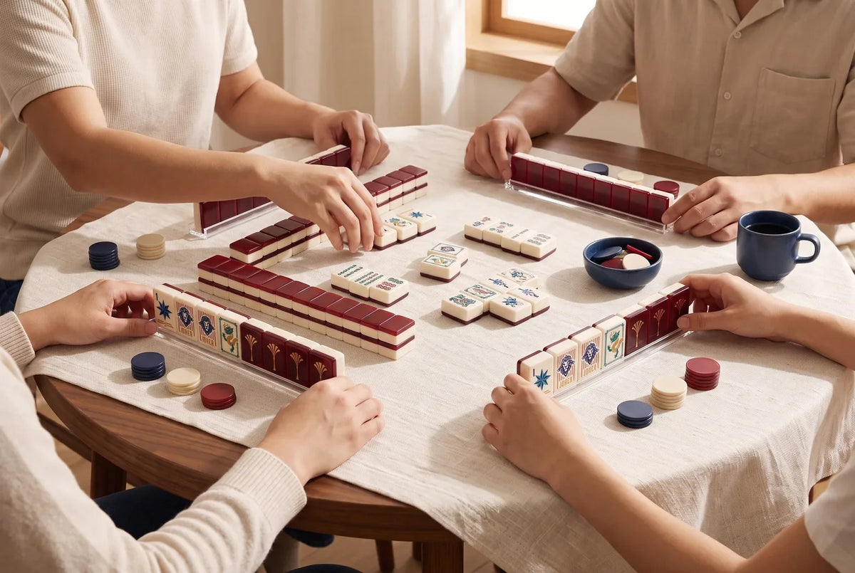 A friendly mahjong game with stacks of colored game chips on the table