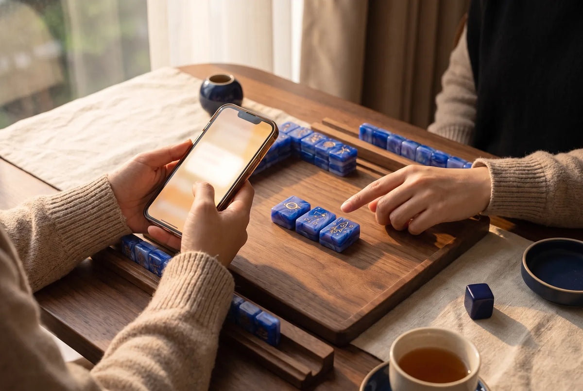A hand holds a phone near a real mahjong set on a wooden table