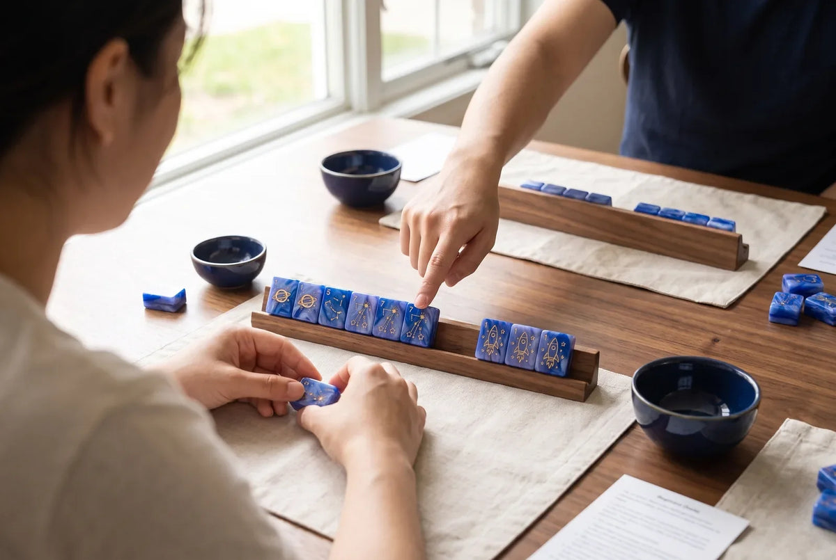 A beginner learns mahjong at a bright table while a friend points to a tile on her rack