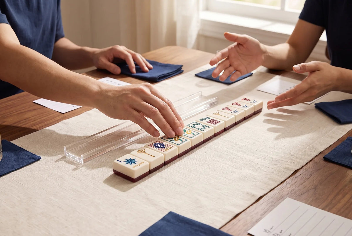 A winning mahjong hand laid face up in front of a rack while other players lean in to look