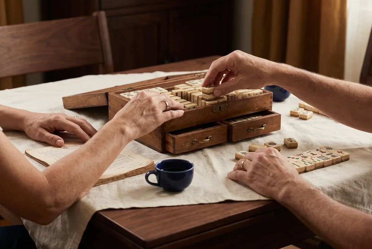 An antique mahjong set in an old wooden box with small drawers