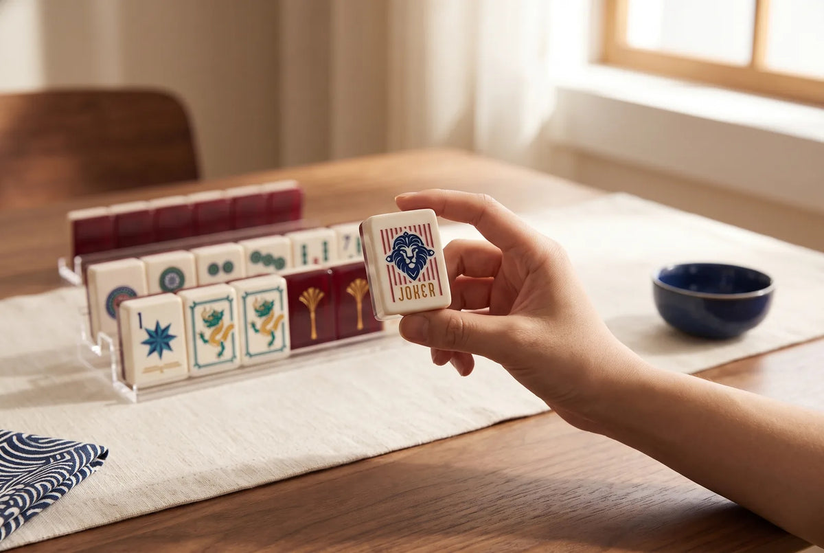 A hand holds up a joker tile in front of a rack of American mahjong tiles