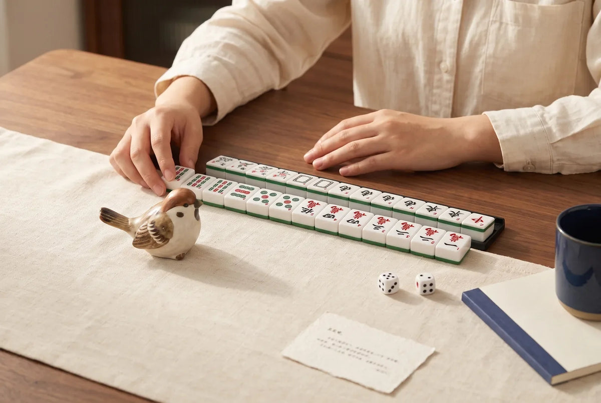 A small sparrow figurine beside a row of mahjong tiles on a wooden table