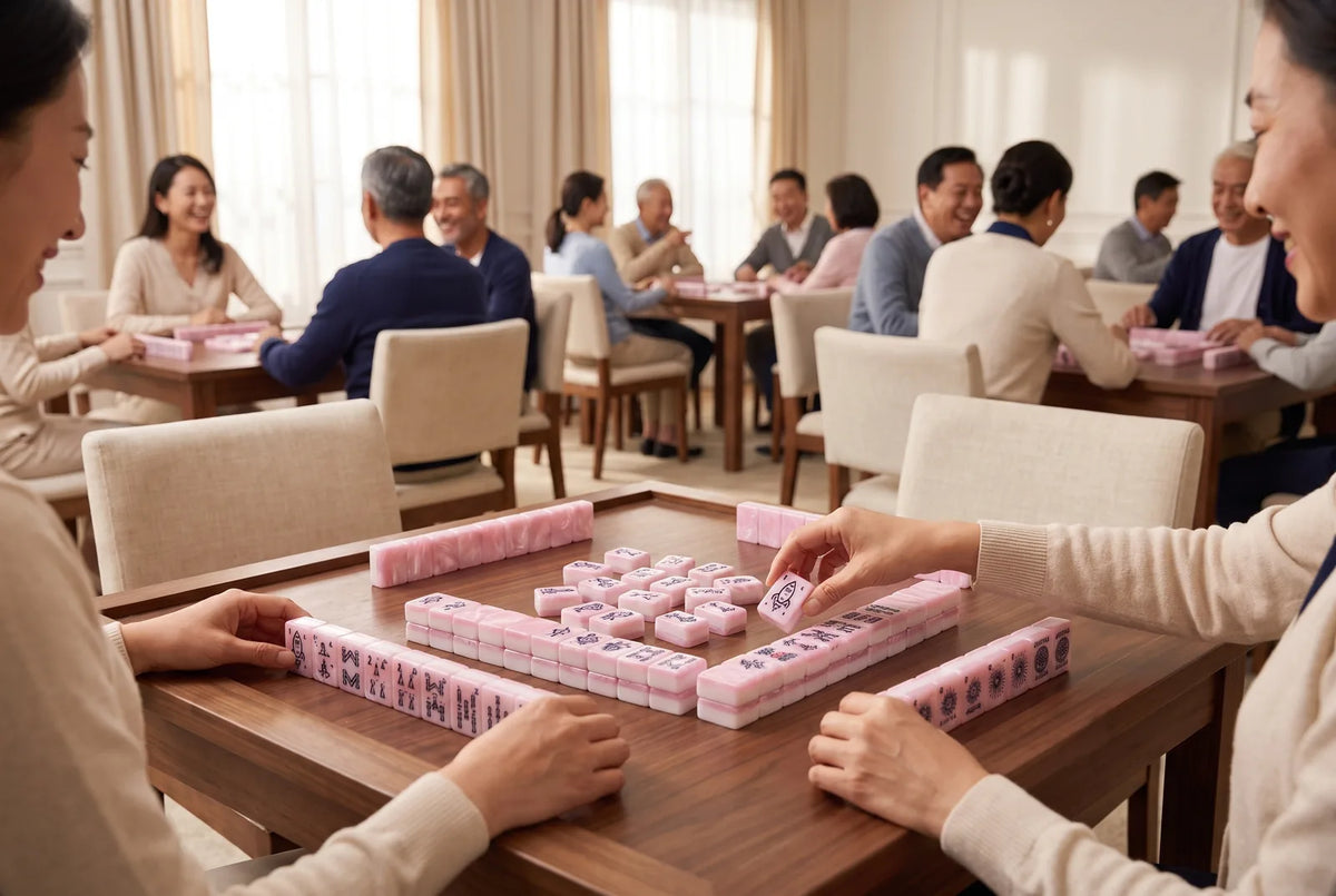A busy community room with several mahjong tables in play