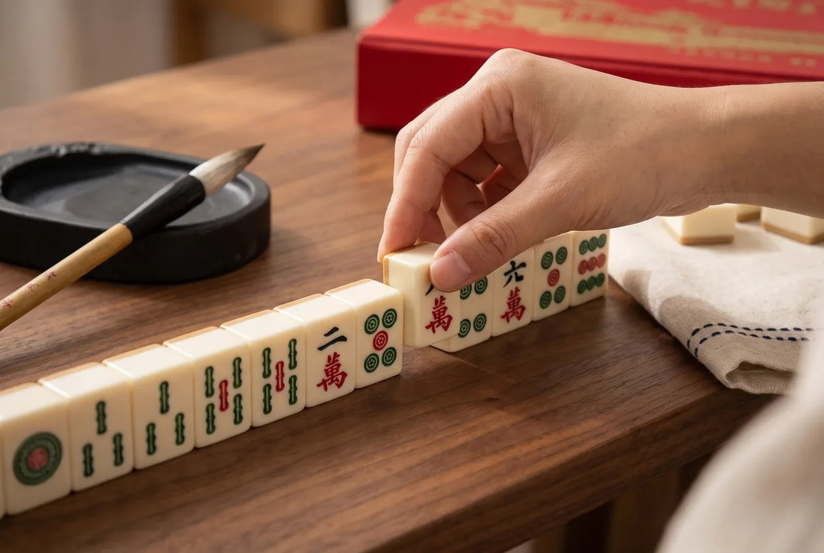 A hand picks up one tile from a row of classic mahjong tiles beside a calligraphy brush