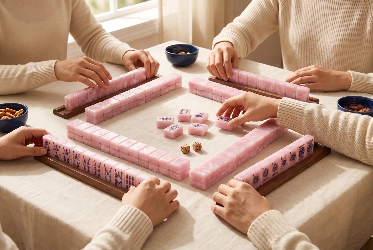 A mahjong game in progress with racks of tiles, discards in the middle and a pair of dice