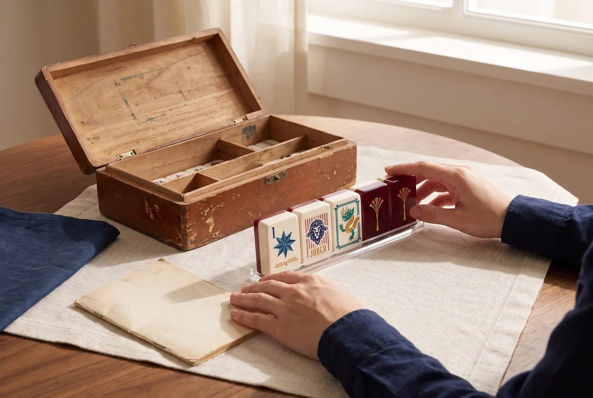 A vintage mahjong box with its lid open next to a modern colorful mahjong set