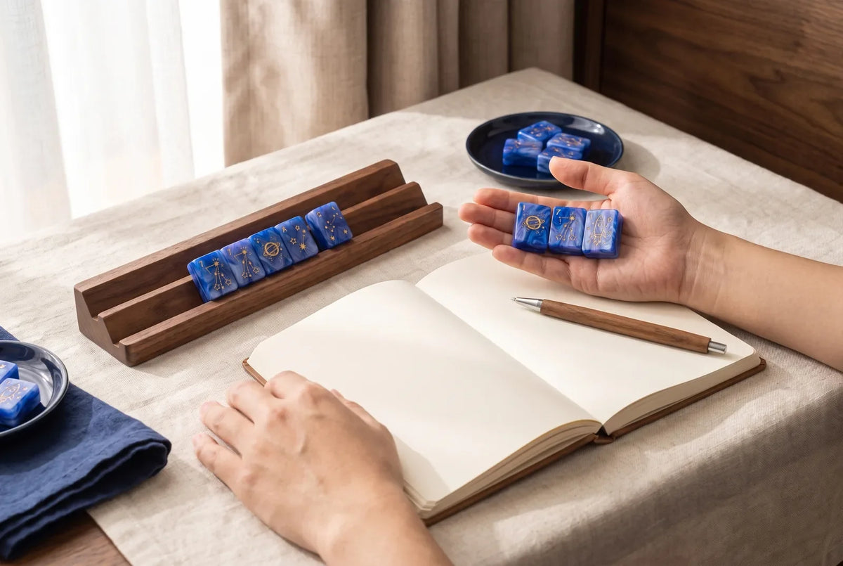 An open notebook and a pen beside a rack of blue mahjong tiles