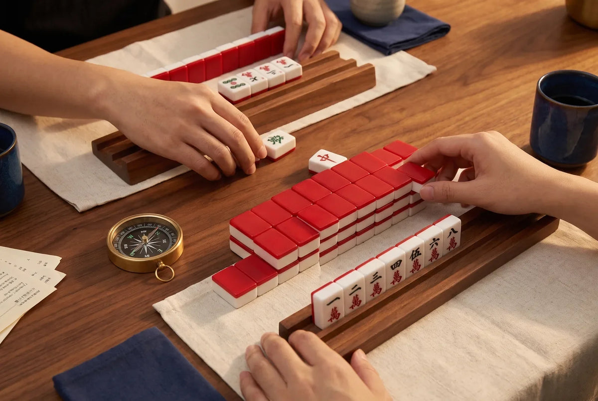 A brass compass next to racks of mahjong tiles on a wooden table