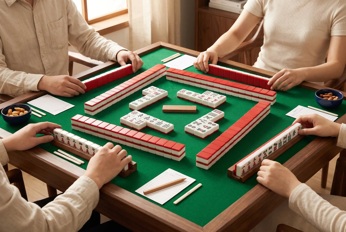 A Japanese riichi mahjong table with a green felt top, walls of tiles and point sticks
