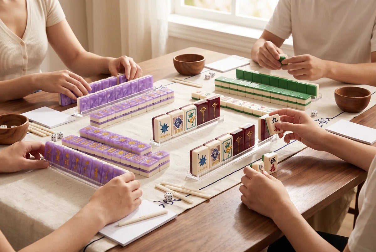 Three different mahjong sets side by side on a long table