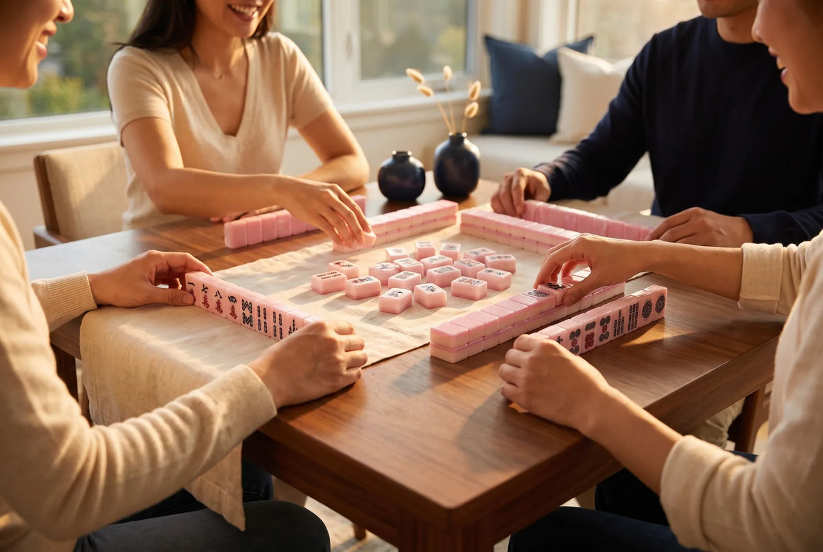 A group of friends playing mahjong together at home in warm evening light