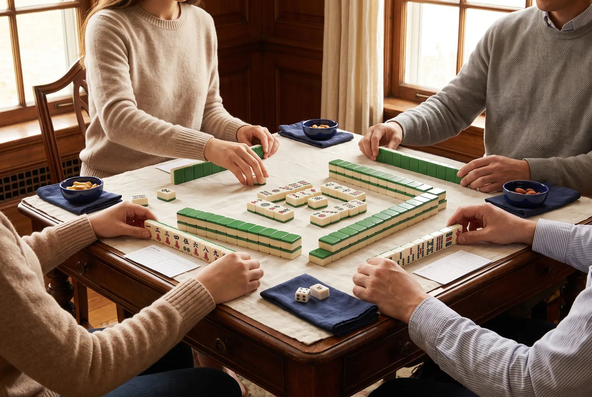 A four-player mahjong game with a classic ivory tile set on a card table in a clubhouse